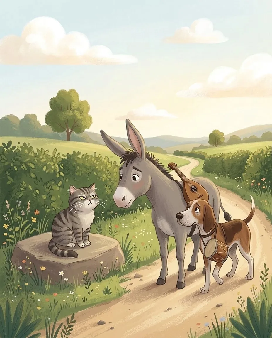 Esel und Hund treffen am Wegrand eine traurige Katze, die auf einem Stein sitzt
