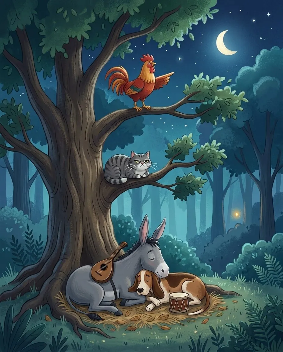 Nachts im Wald entdeckt der Hahn oben im Baum ein kleines Licht, unten unter dem Baum liegen Esel und Hund