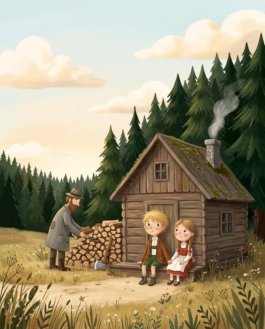 Ein kleines Holzfällerhaus am Rand eines großen Waldes, davor stehen Hänsel und Gretel