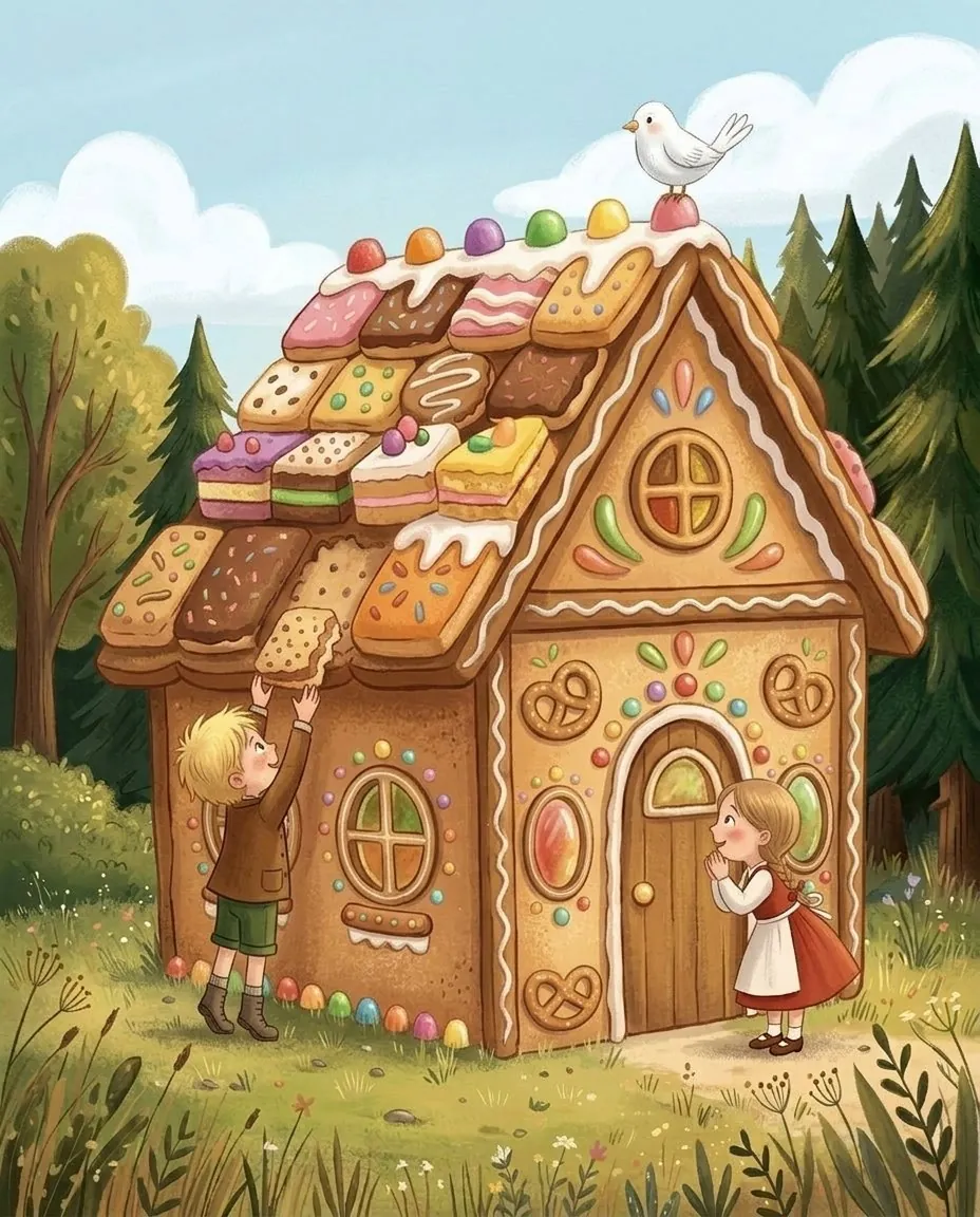 Hänsel und Gretel knabbern am Dach und an den Fenstern des süßen Häuschens aus Brot und Kuchen