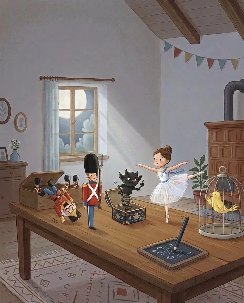 Aus der Tabakdose springt ein schwarzer Kobold auf einer Feder, und das Spielzeug auf dem Tisch tanzt