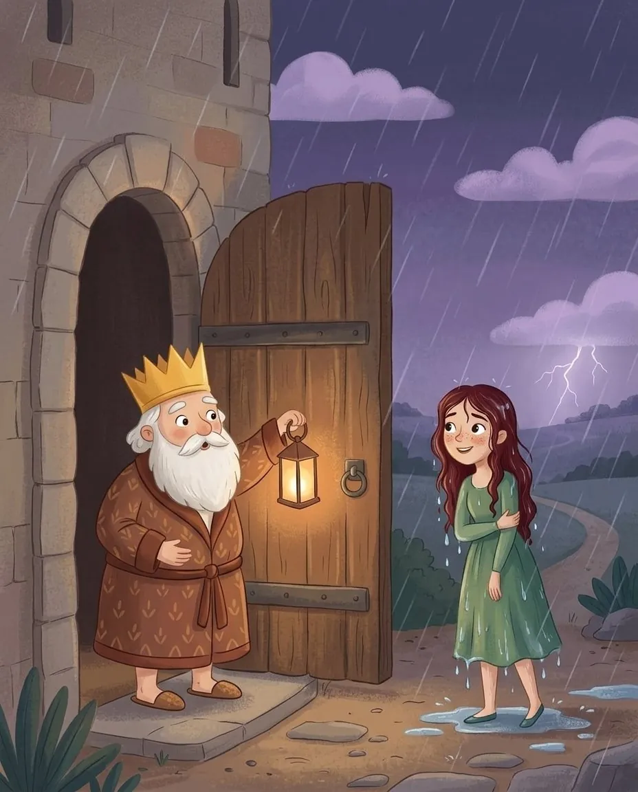 Eine durchnässte Prinzessin steht im Regen vor dem Stadttor, und der alte König öffnet ihr
