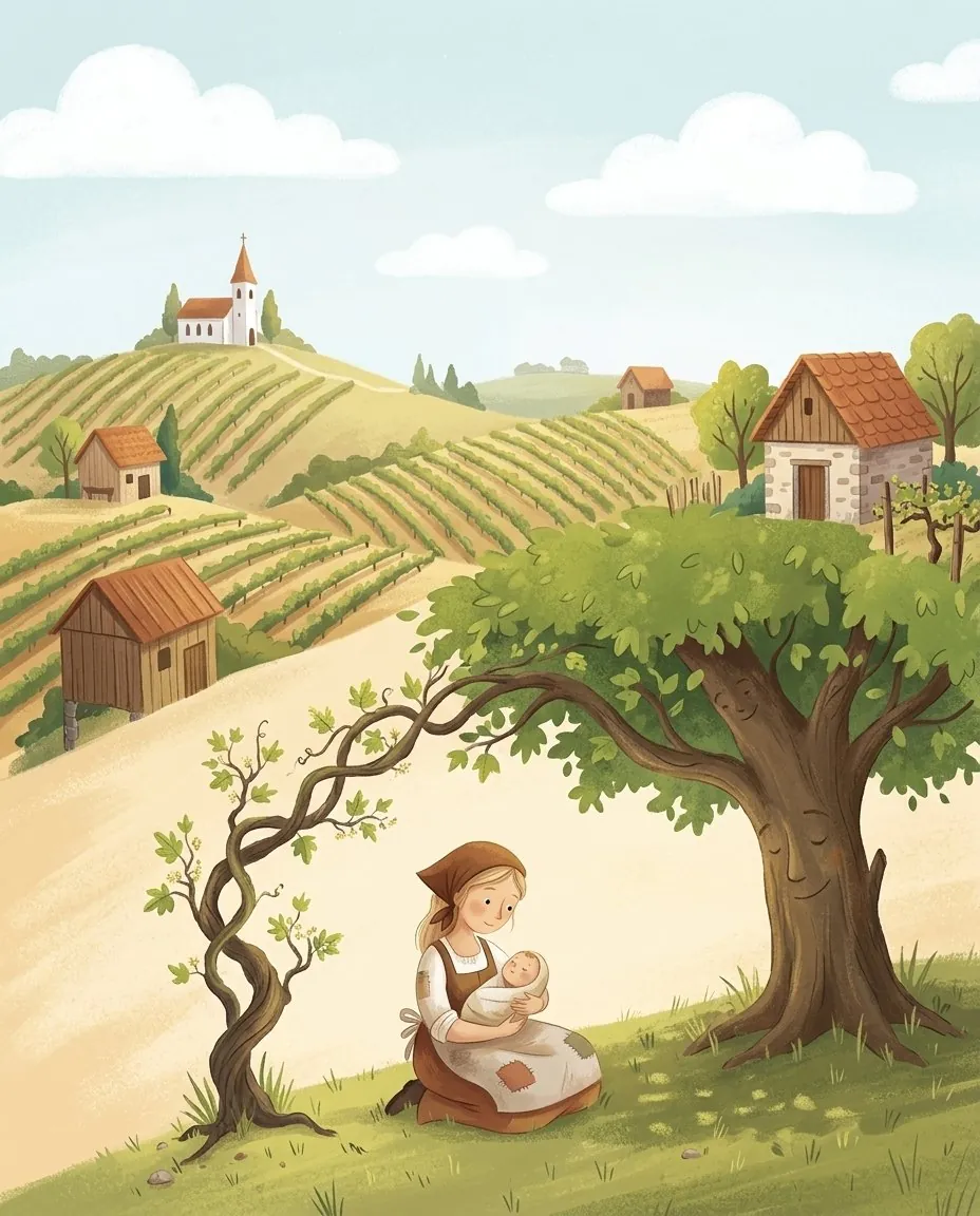 Eine arme Mutter mit einem Säugling sitzt unter einem Ahorn neben einer Weinrebe auf einem Hügel zwischen Weinbergen