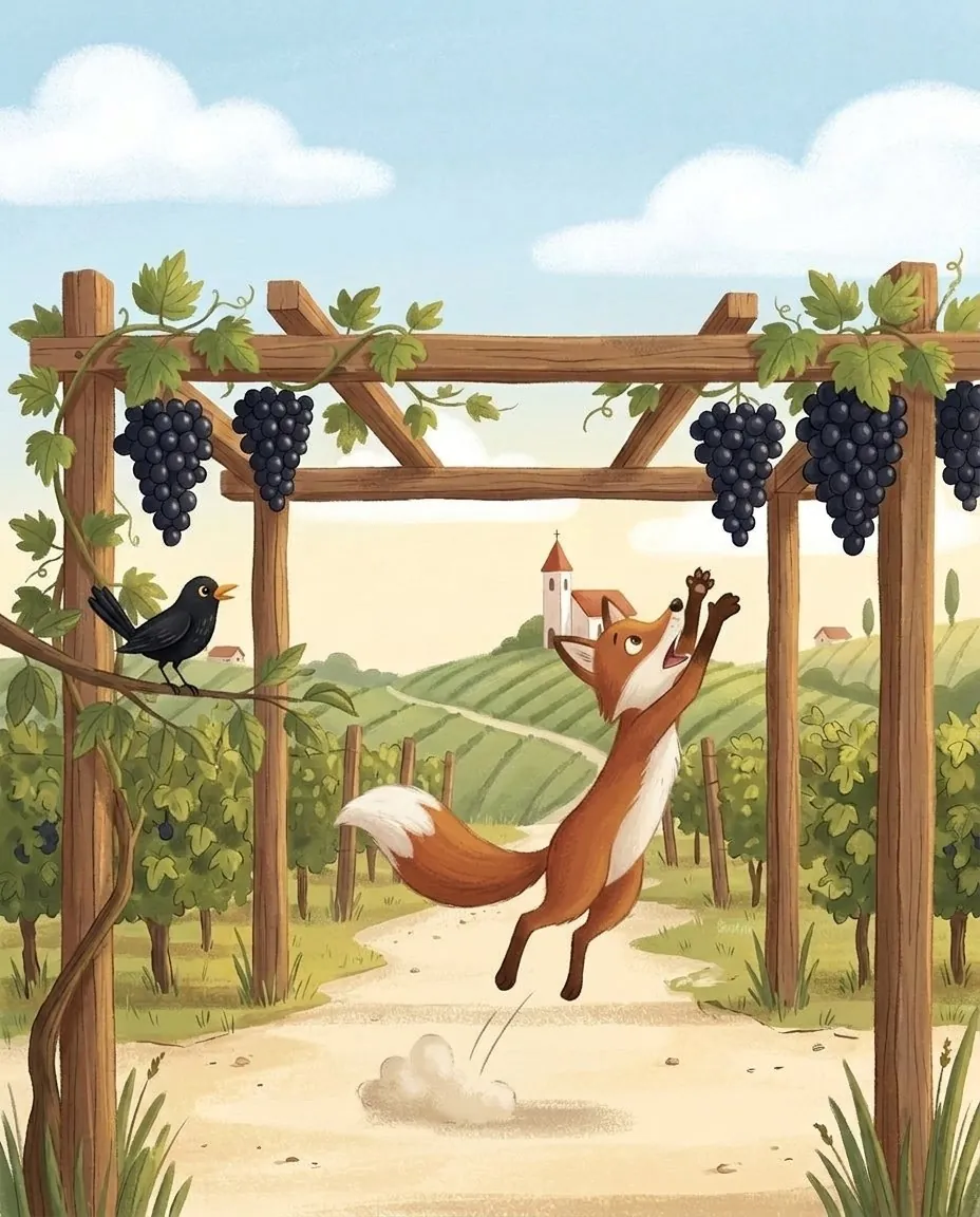 Der Fuchs springt hoch unter der Weinlaube, doch die dunklen Trauben hängen viel zu hoch für ihn