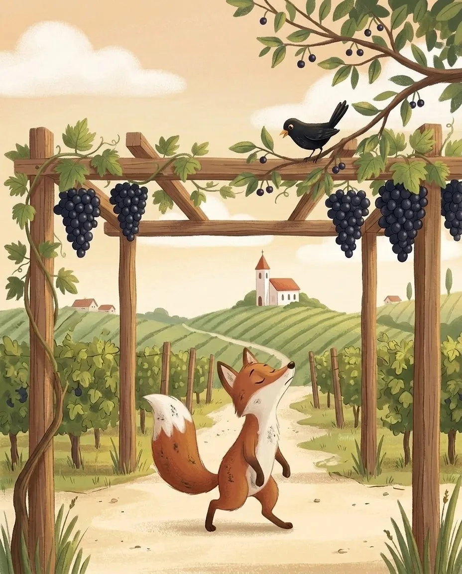 Der Fuchs geht mit erhobener Nase von der Weinlaube fort, und eine Amsel auf dem Kirschbaum schüttelt den Kopf