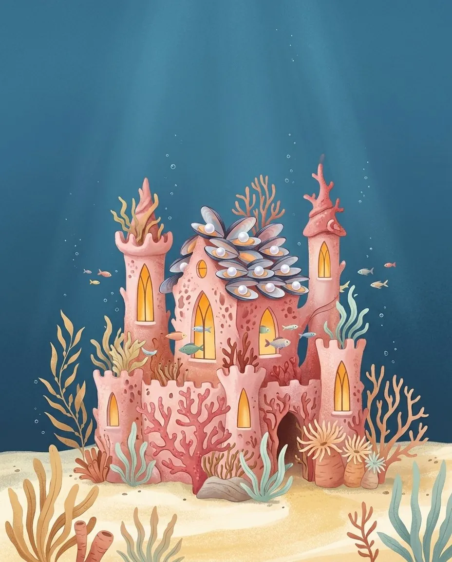 Ein Schloss aus Korallen mit Fenstern aus Bernstein auf dem blauen Meeresgrund, um das Fische schwimmen