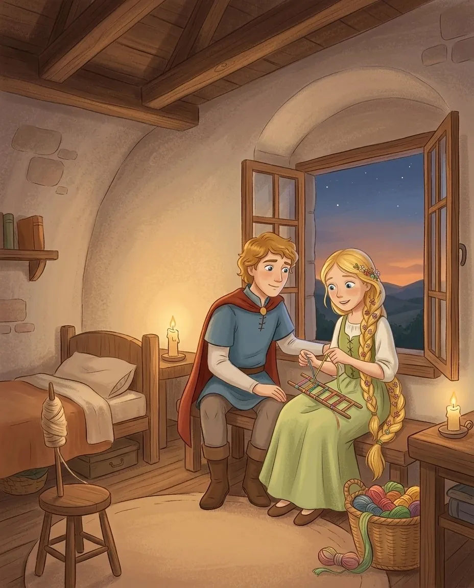 Rapunzel und der Königssohn sitzen am Fensterchen im Turm und sprechen freundlich miteinander