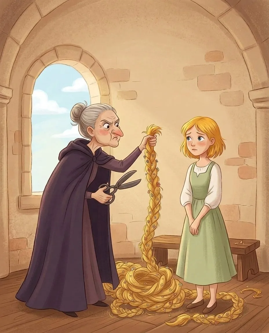 Die zornige Zauberin hält die abgeschnittenen goldenen Zöpfe in der Hand, Rapunzel schaut traurig zu
