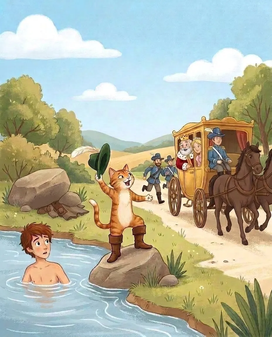 Der Kater winkt am Fluss, aus der königlichen Kutsche schauen der König und die Prinzessin, und ein junger Mann badet im Wasser