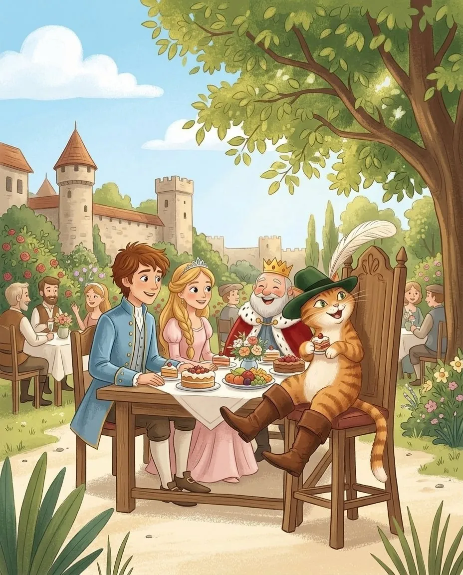Der König, die Prinzessin und der Marquis sitzen an einer reich gedeckten Tafel im Schlossgarten, und der Kater in Stiefeln sitzt stolz auf einem hohen Stuhl und isst Torte