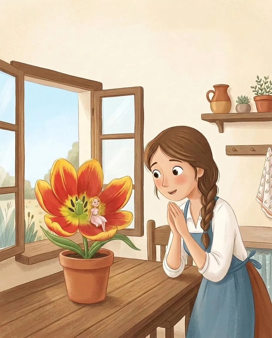 Eine Frau beugt sich staunend über eine offene Tulpe, in der ein winziges Mädchen sitzt
