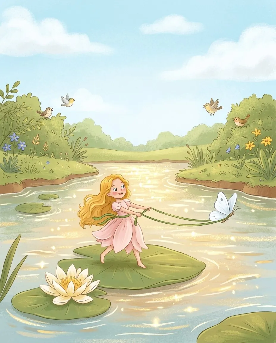 Däumelinchen fährt auf einem Seerosenblatt den Fluss hinunter, und ein weißer Schmetterling zieht das Blatt