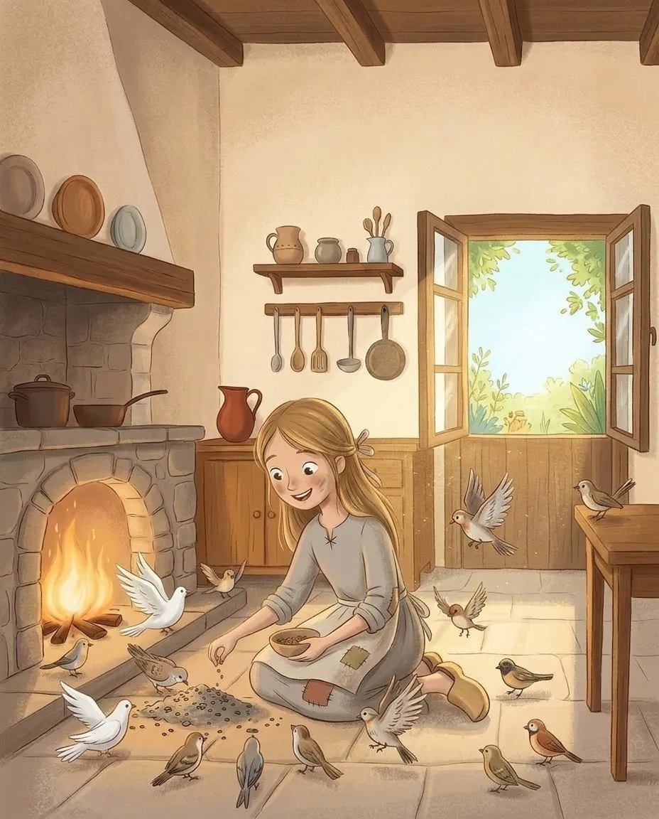 Eine weiße Taube und ein Schwarm Vögel lesen in der Küche die Linsen in die Schüssel
