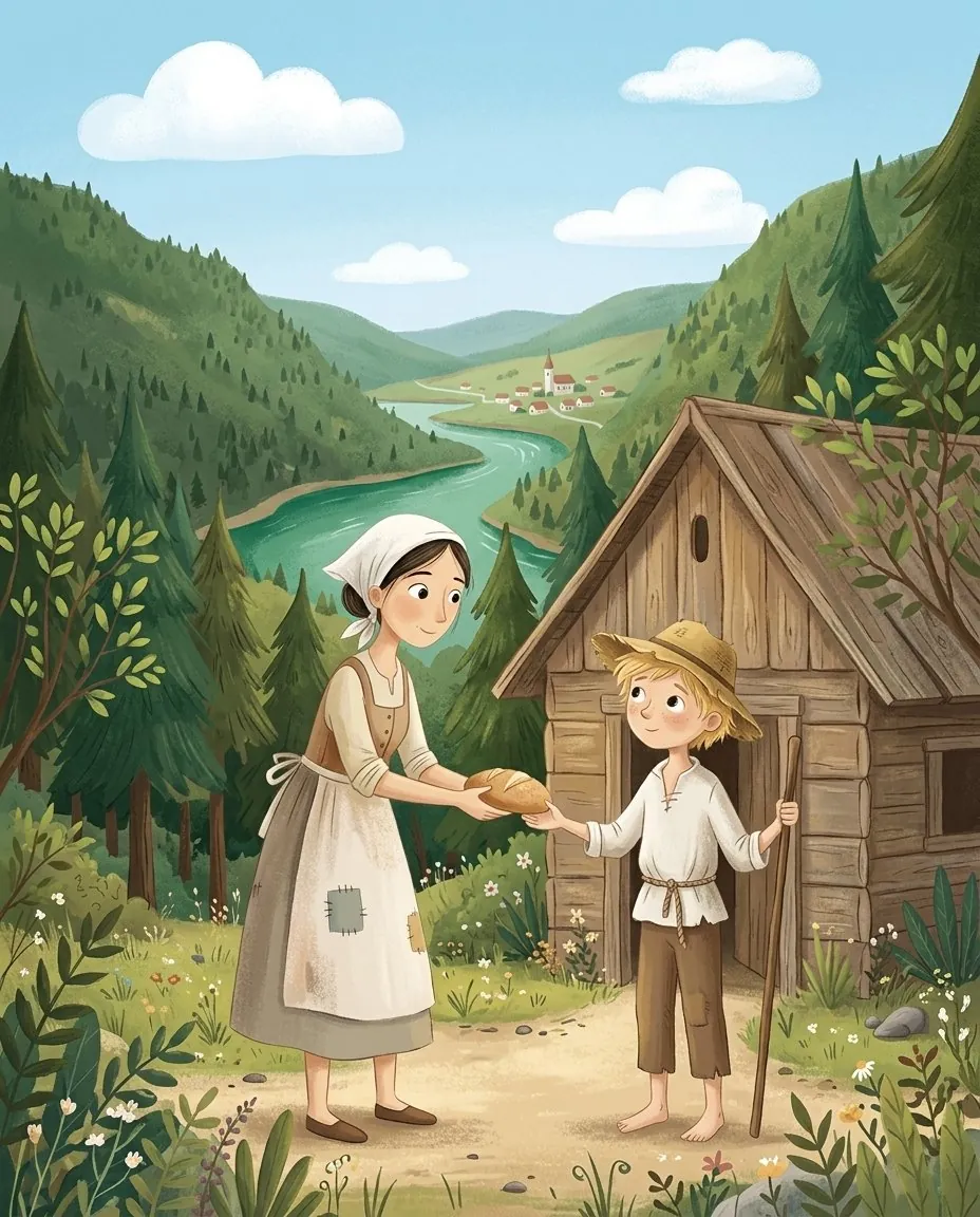 Die Mutter und der zarte Peter vor einer kleinen Holzhütte über dem grünen Fluss Kolpa