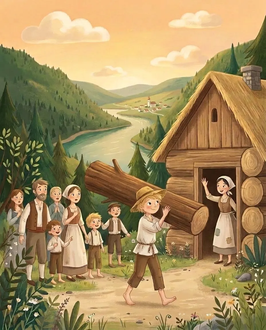 Peter trägt einen riesigen Baumstamm auf der Schulter zum neuen Holzhaus, und die Mutter winkt ihm zu