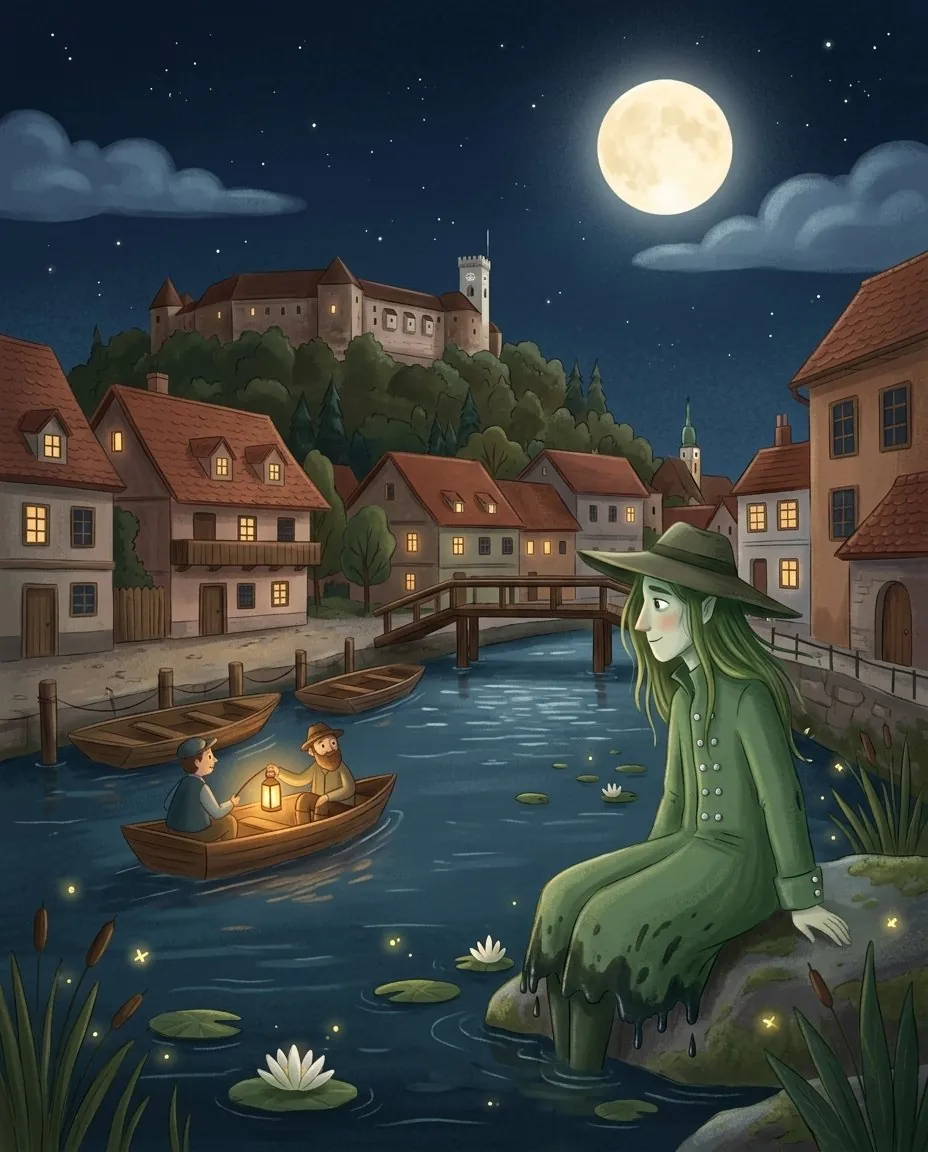 Der Wassermann mit grünen Haaren sitzt im Mondlicht auf einem Stein an der Ljubljanica unter dem Burgberg