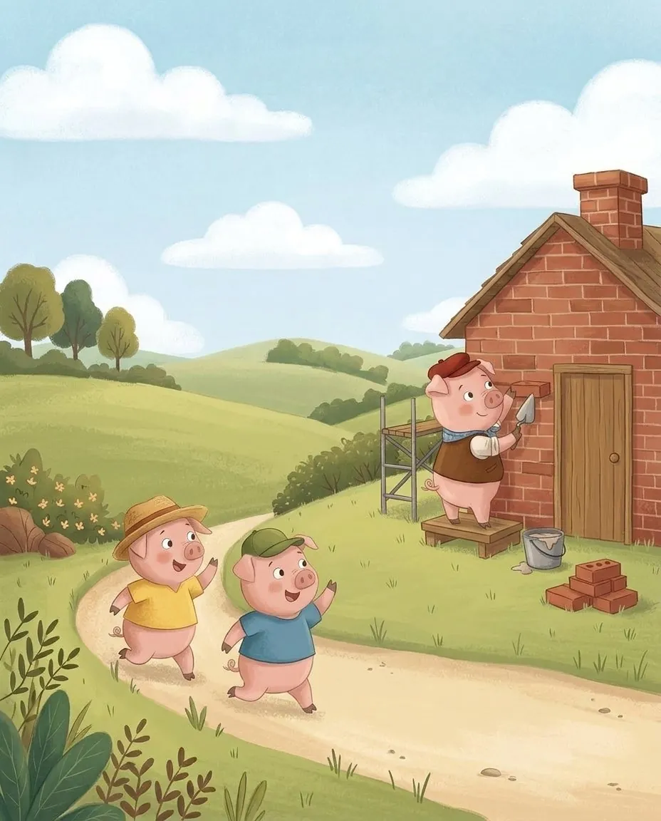 Das dritte Schweinchen mauert ein festes Haus aus roten Ziegelsteinen, und seine beiden Brüder laufen zu ihm