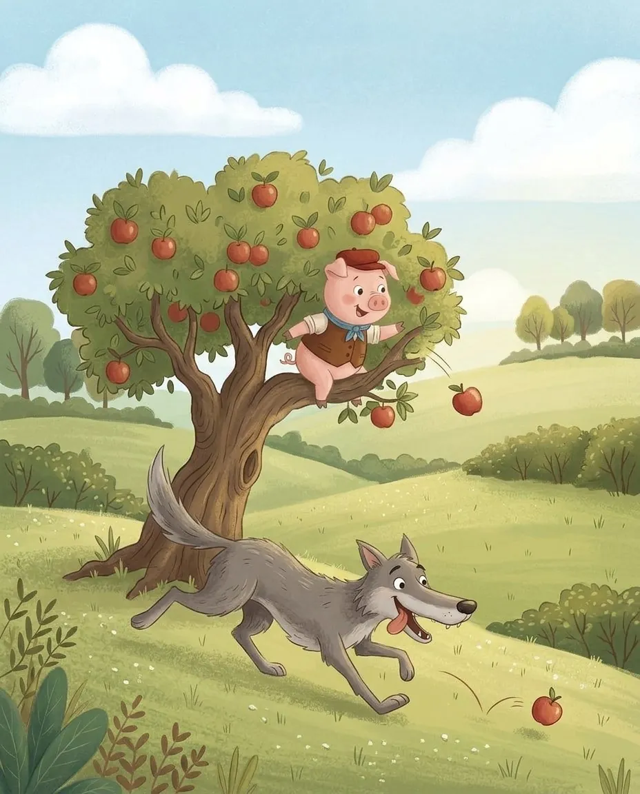 Das Schweinchen sitzt im Apfelbaum und wirft dem Wolf einen Apfel weit weg