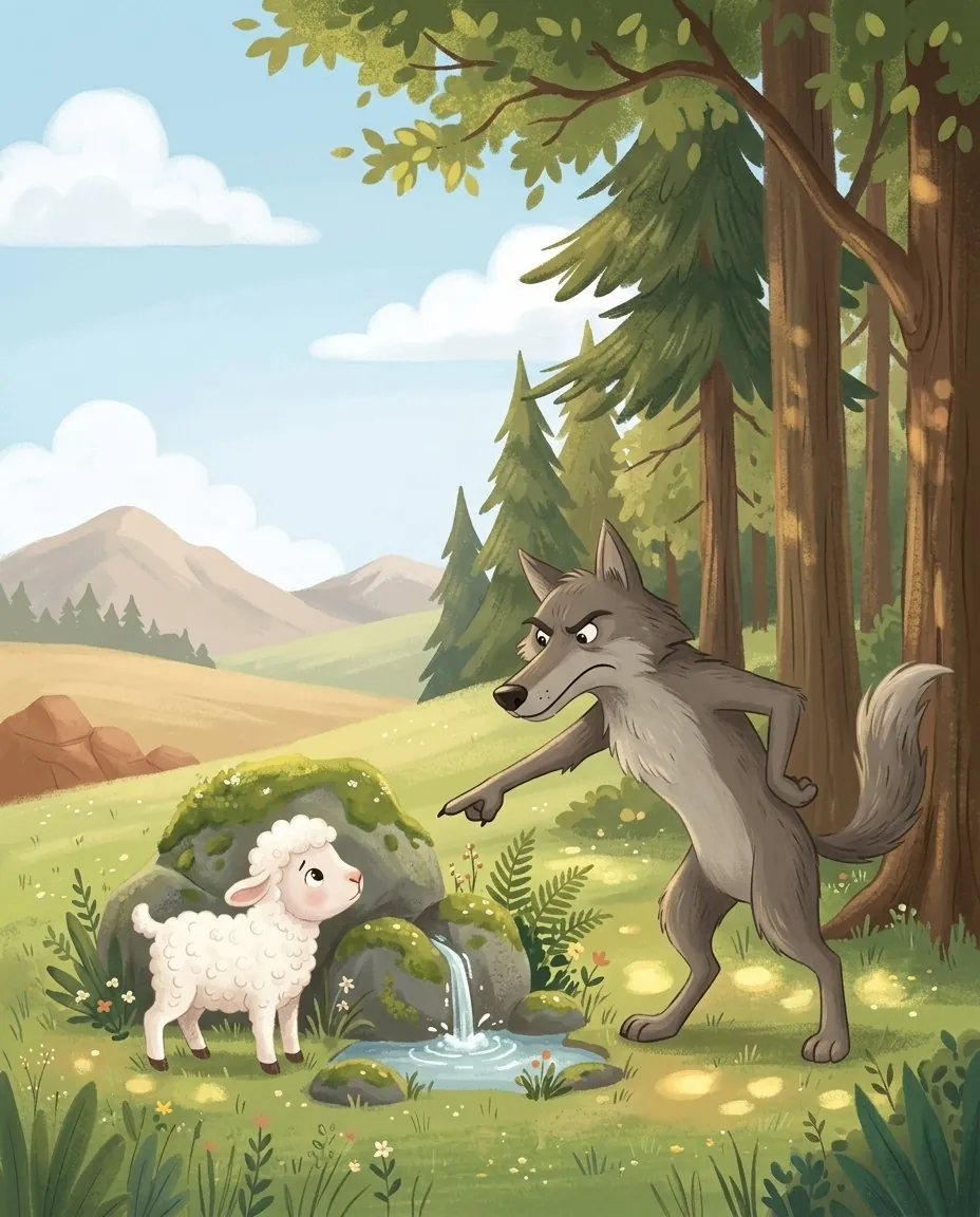 Am Waldrand steht der Wolf mit finsterer Miene vor einem winzigen Lämmchen
