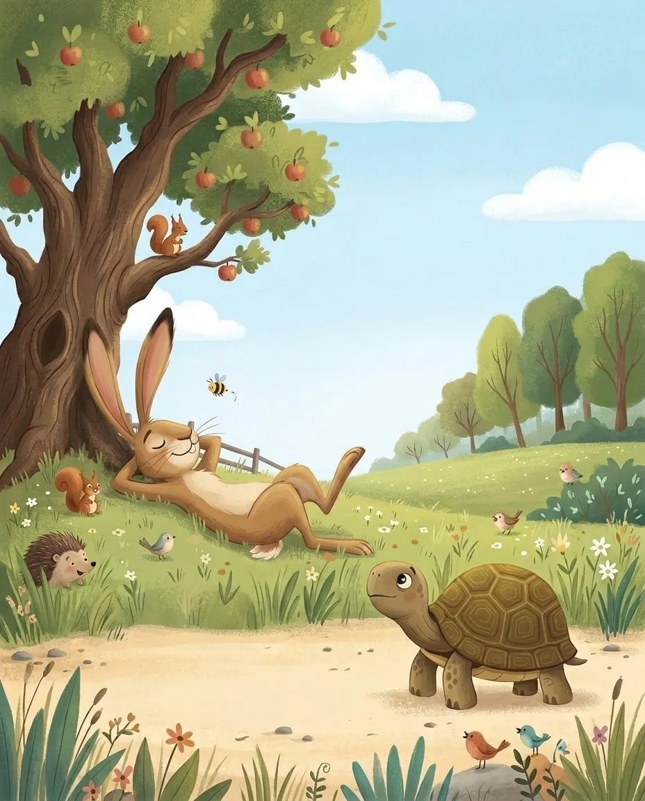 Der Hase schläft tief unter einem Apfelbaum, und die Schildkröte kriecht langsam an ihm vorbei